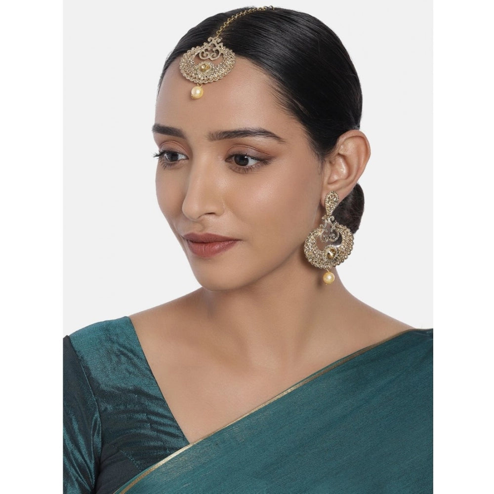 Women's Rose Gold Plated Alloy Kundan Earrings &amp; Mangtikka (Gold)
