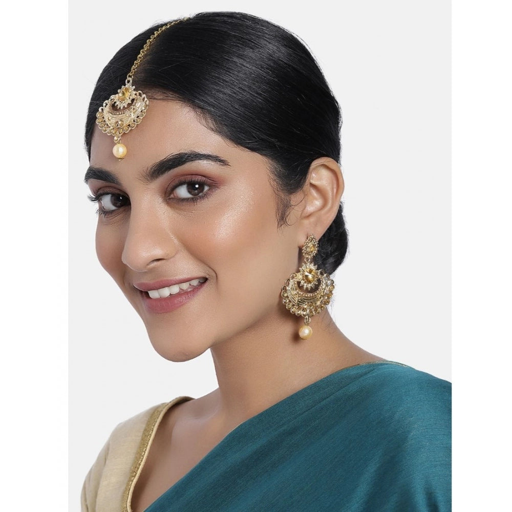 Women's Rose Gold Plated Alloy Kundan Earrings &amp; Mangtikka (Gold)