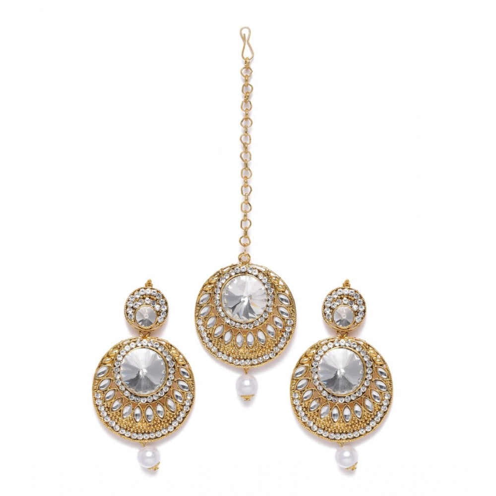 Women's Rose Gold Plated Alloy Kundan Earrings &amp; Mangtikka (White)