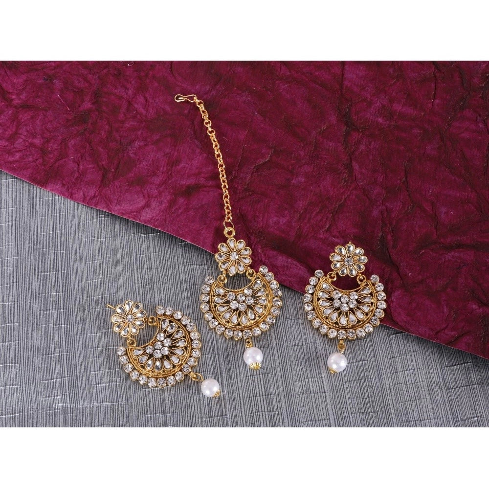 Women's Rose Gold Plated Alloy Kundan Earrings &amp; Mangtikka (White)