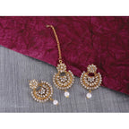 Women's Rose Gold Plated Alloy Kundan Earrings &amp; Mangtikka (White)