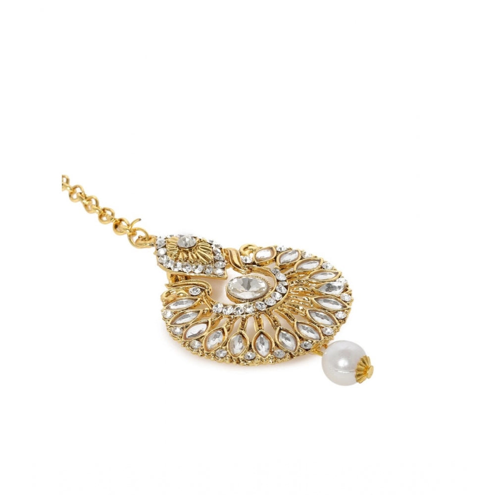Women's Rose Gold Plated Alloy Kundan Earrings &amp; Mangtikka (White)