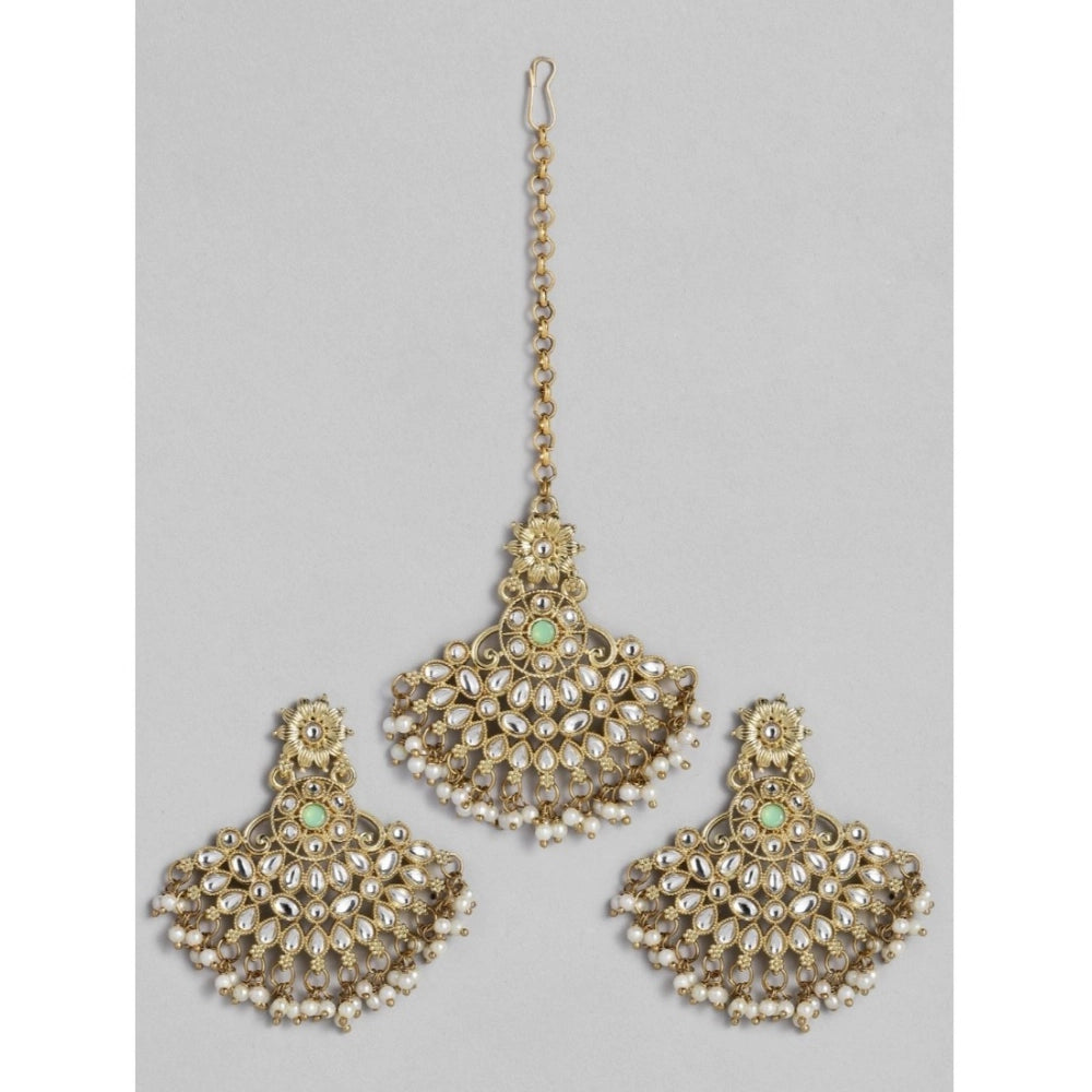 Women's Rose Gold Plated Alloy Kundan Earrings &amp; Mangtikka (White)