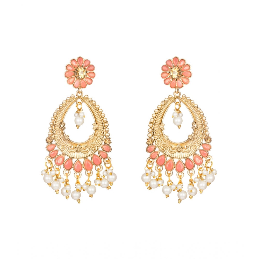 Women's Rose Gold Plated Alloy Kundan Earrings &amp; Mangtikka (Pink)