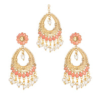 Women's Rose Gold Plated Alloy Kundan Earrings &amp; Mangtikka (Pink)