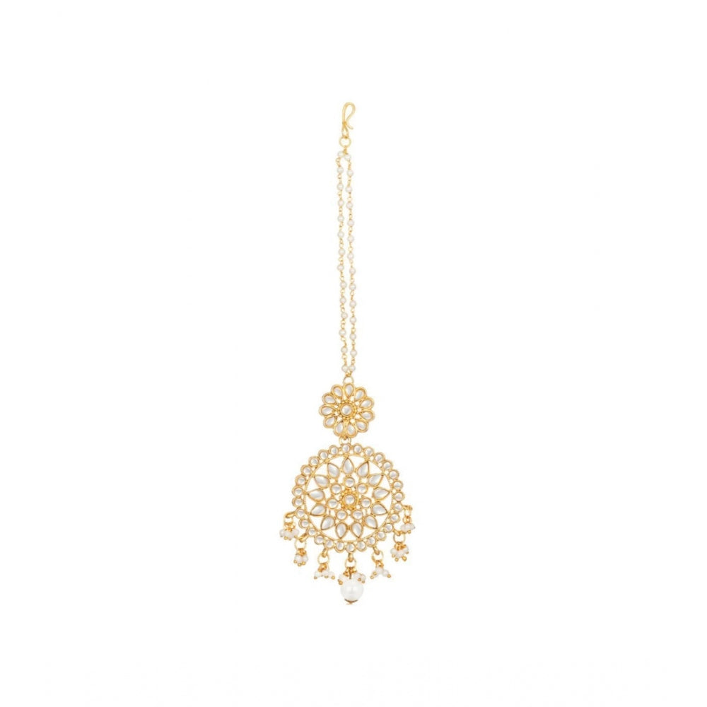 Women's Rose Gold Plated Alloy Kundan Earrings &amp; Mangtikka (White)