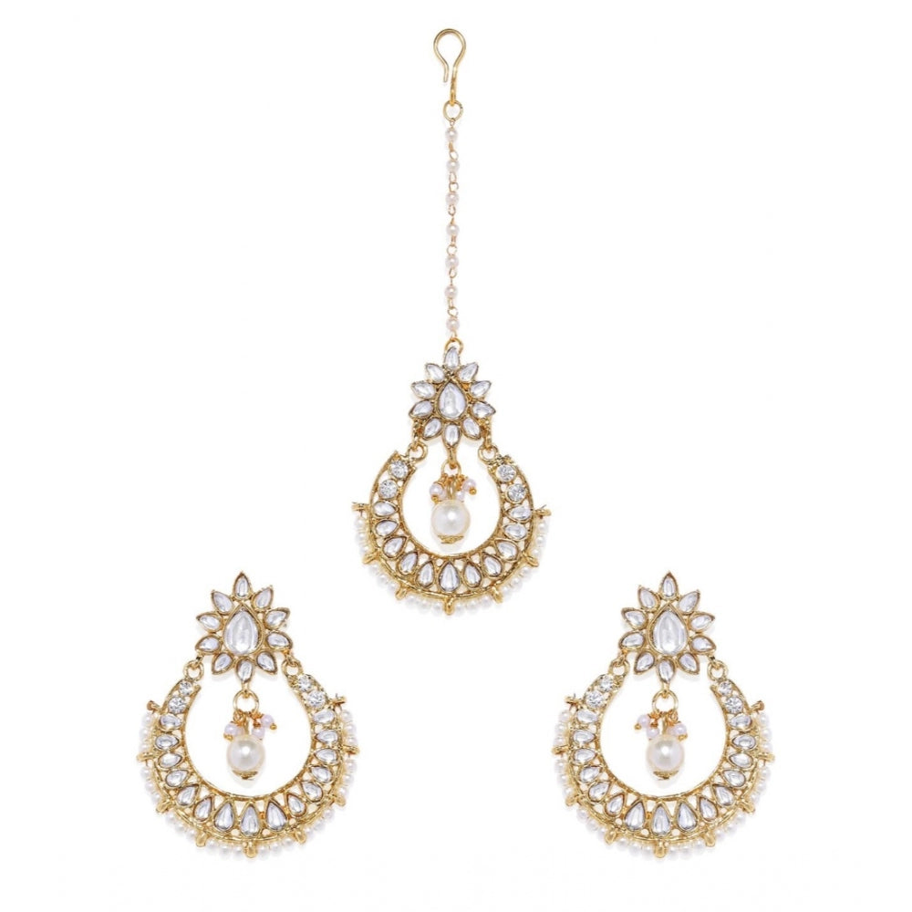 Women's Rose Gold Plated Alloy Kundan Earrings &amp; Mangtikka (White)