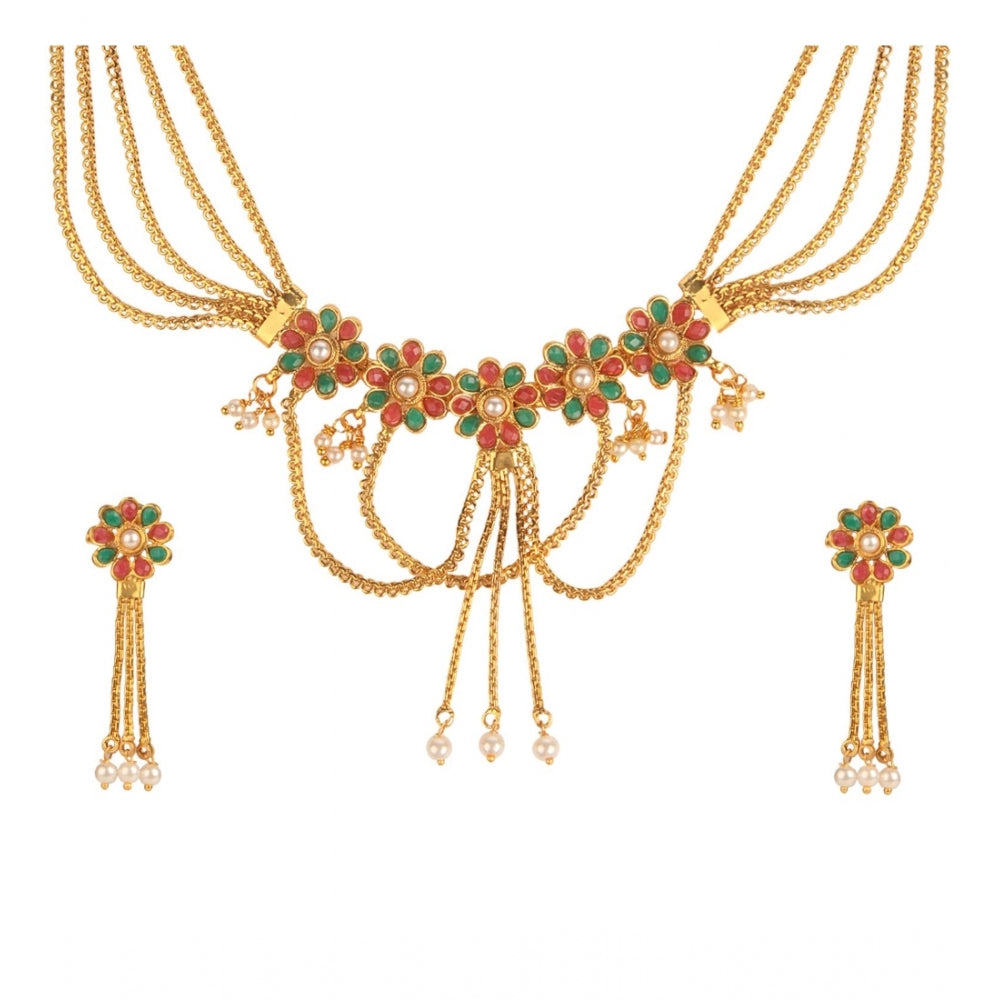 Women's Rose Gold Plated Alloy Necklace Set (Green &amp; Red)