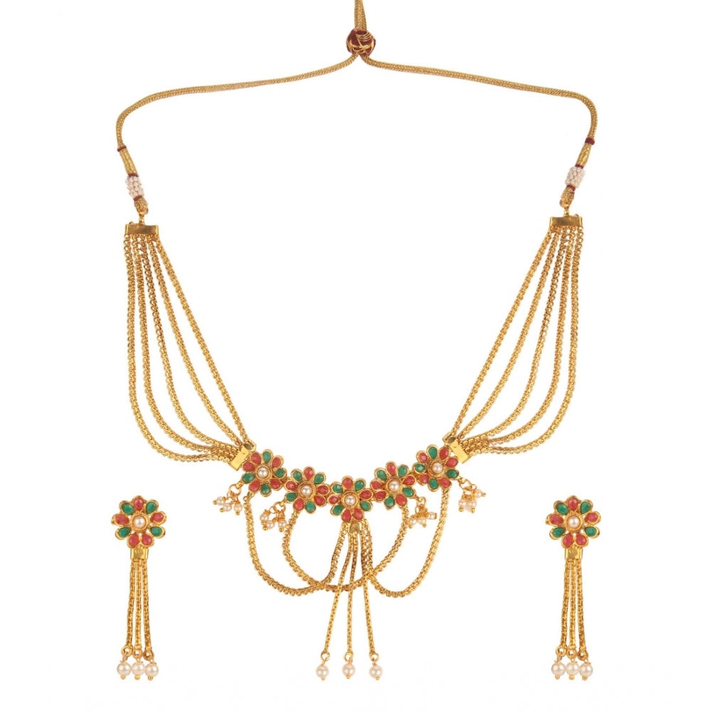 Women's Rose Gold Plated Alloy Necklace Set (Green &amp; Red)