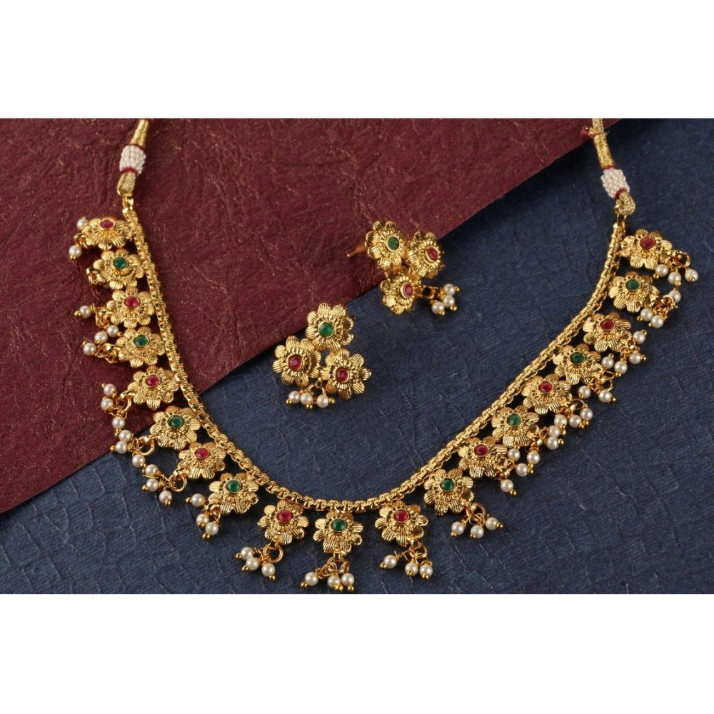 Women's Rose Gold Plated Alloy Necklace &amp; Earings Set (Green &amp; Red)