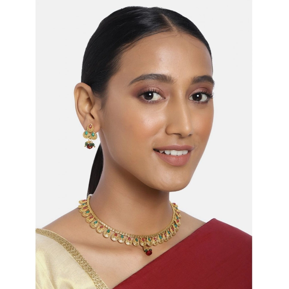 Women's Rose Gold Plated Alloy Necklace &amp; Earings Set (Green &amp; Red)