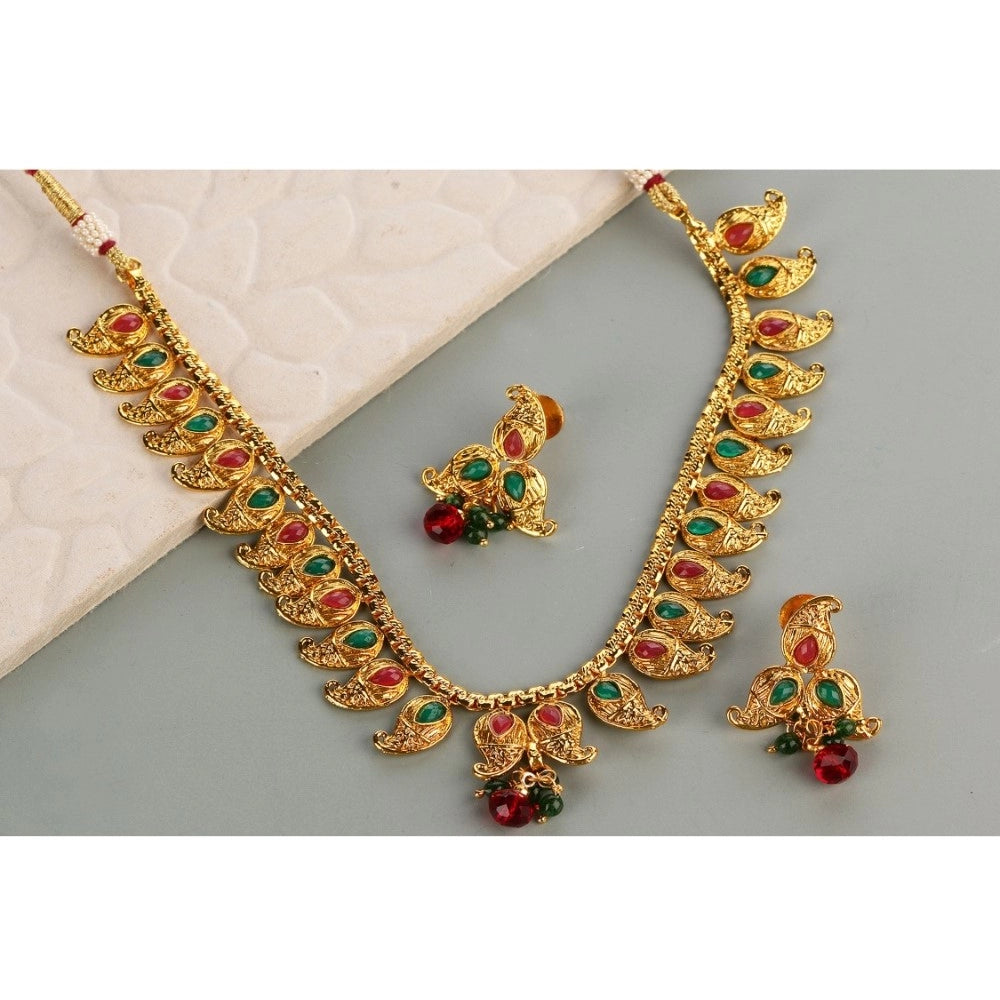 Women's Rose Gold Plated Alloy Necklace &amp; Earings Set (Green &amp; Red)