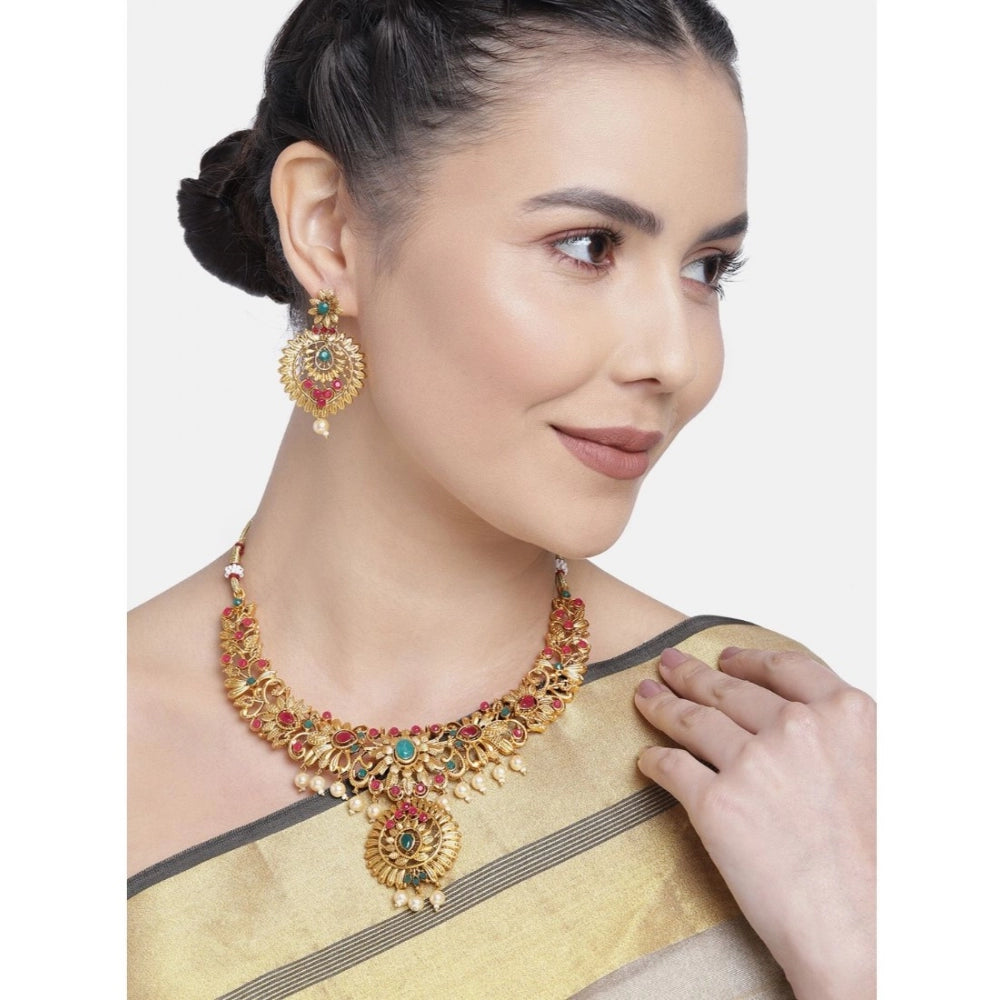 Women's Rose Gold Plated Alloy Necklace &amp; Earings Set (Multicolor)