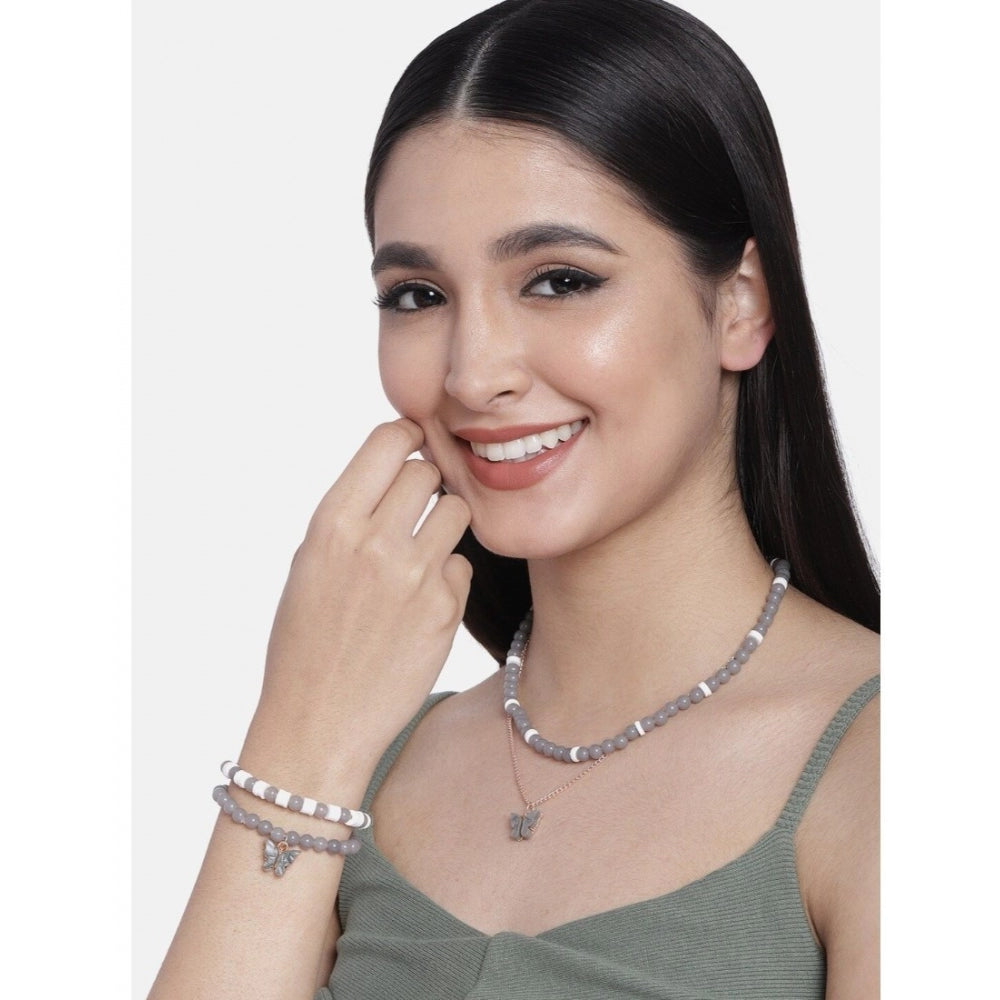Women's Rose Gold Plated Brass Pendant Chain With Beaded Bracelet (Grey)