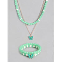 Women's Rose Gold Plated Brass Pendant Chain With Beaded Bracelet (Light Green)
