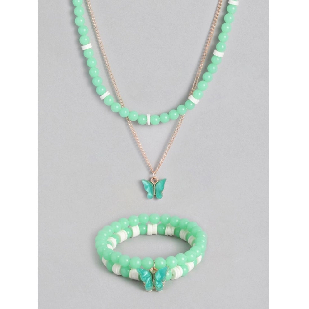 Women's Rose Gold Plated Brass Pendant Chain With Beaded Bracelet (Light Green)