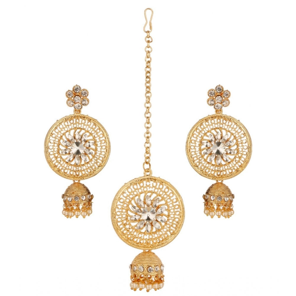 Women's Rose Gold Plated Alloy Kundan Earrings &amp; Mangtikka (White)