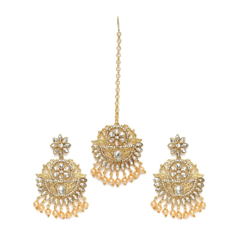 Women's Rose Gold Plated Alloy Kundan Earrings &amp; Mangtikka (White)