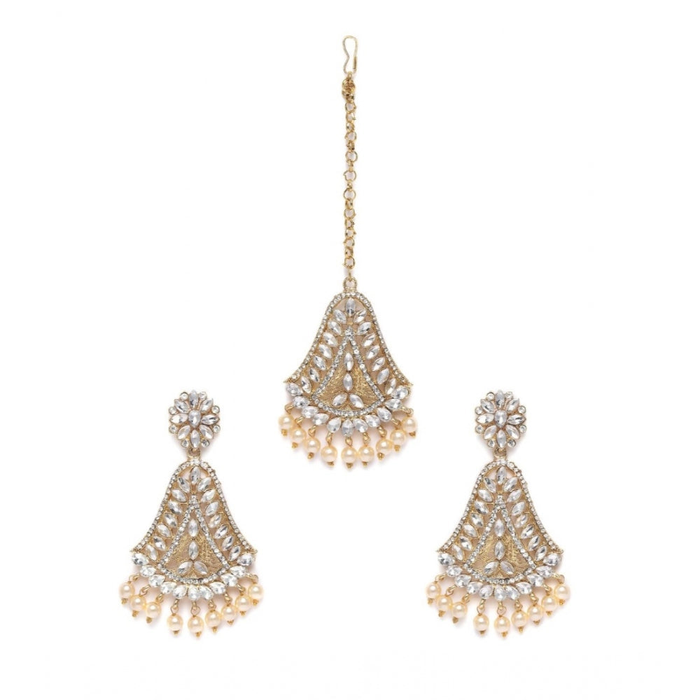 Women's Rose Gold Plated Alloy Kundan Earrings &amp; Mangtikka (White)