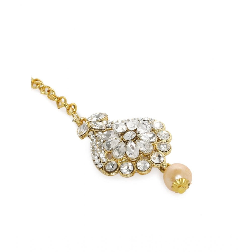 Women's Rose Gold Plated Alloy Kundan Earrings &amp; Mangtikka (White)