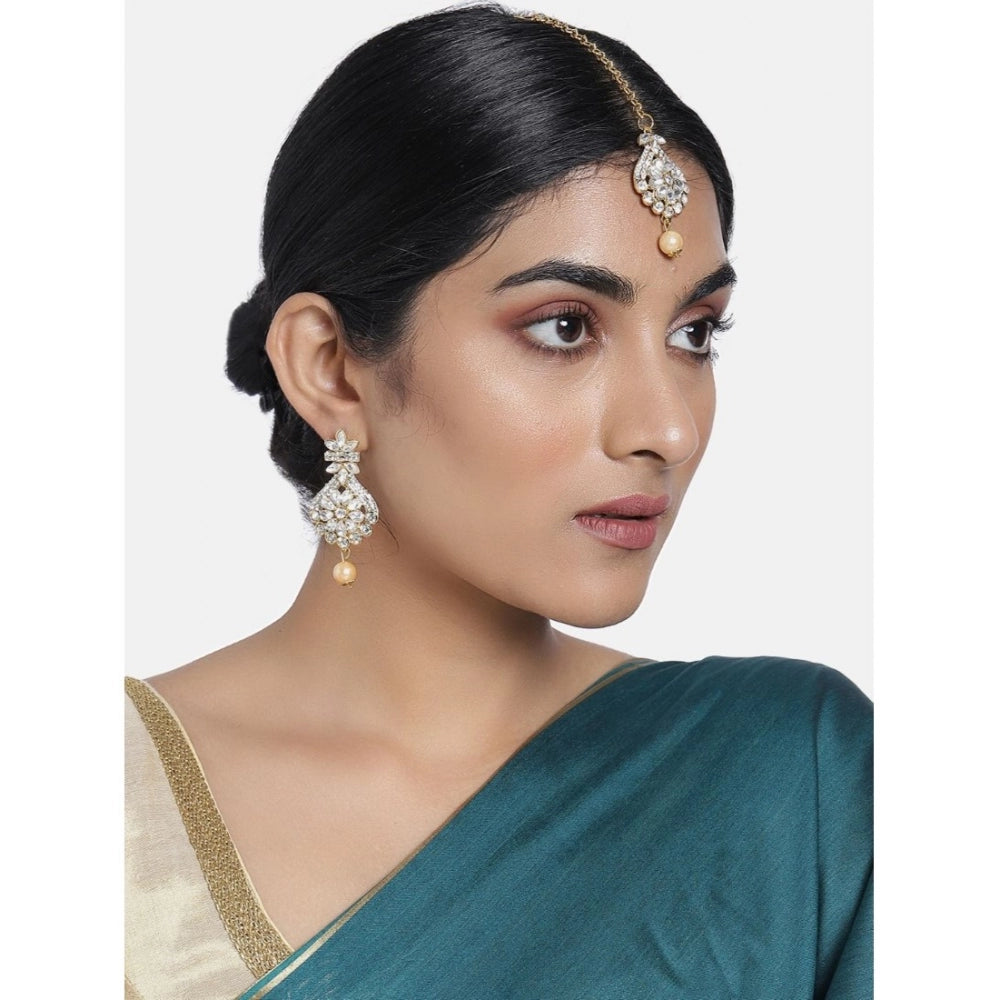 Women's Rose Gold Plated Alloy Kundan Earrings &amp; Mangtikka (White)