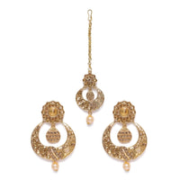 Women's Rose Gold Plated Alloy Kundan Earrings &amp; Mangtikka (Gold)