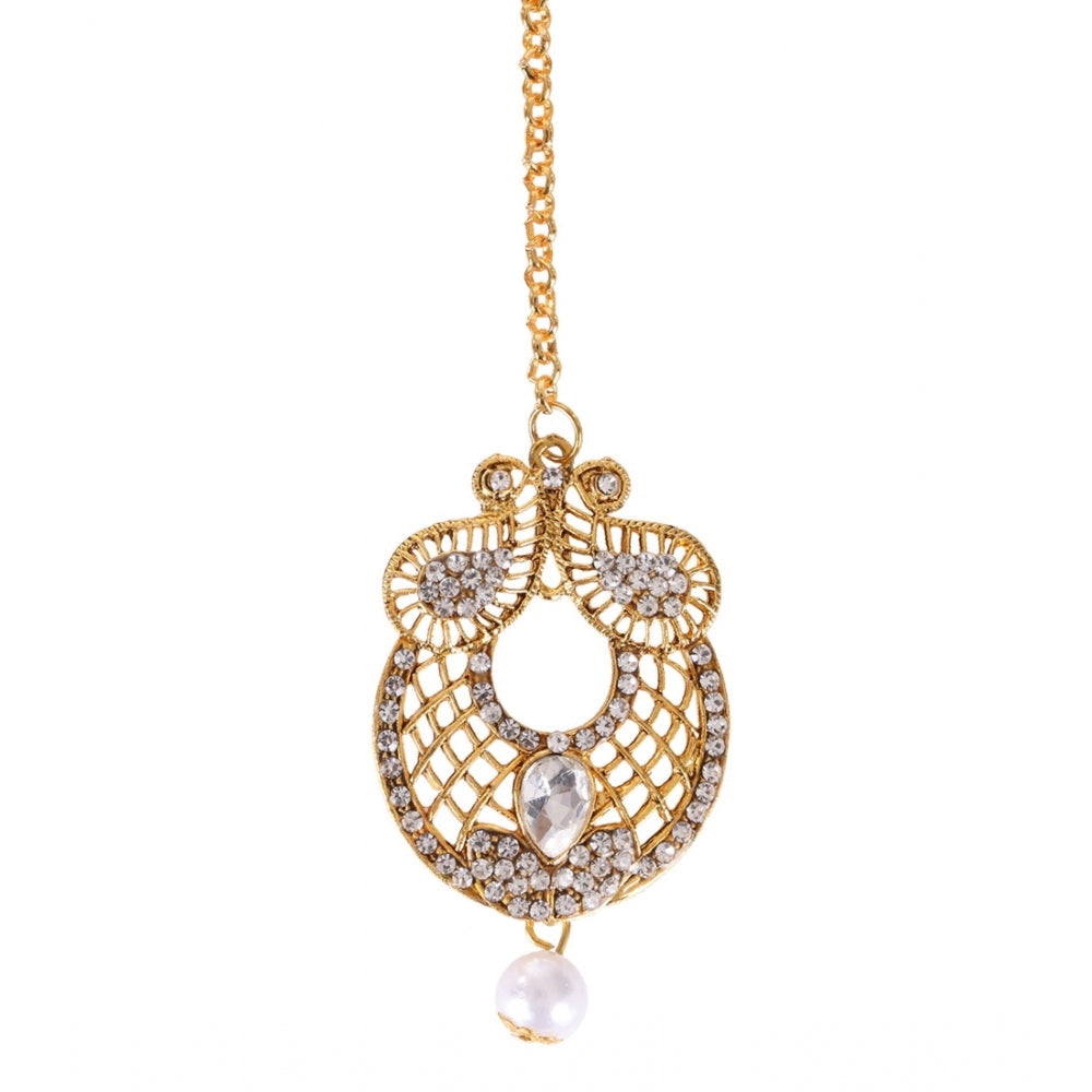 Women's Rose Gold Plated Alloy Kundan Earrings &amp; Mangtikka (White)