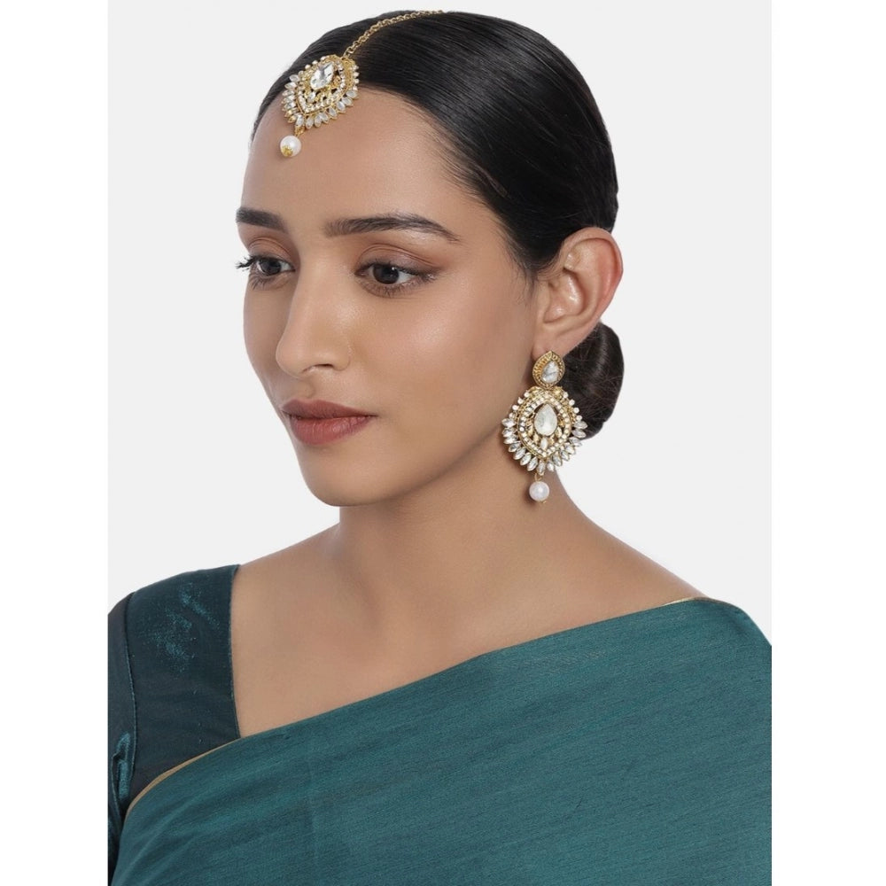 Women's Rose Gold Plated Alloy Kundan Earrings &amp; Mangtikka (White)