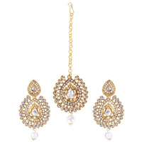 Women's Rose Gold Plated Alloy Kundan Earrings &amp; Mangtikka (White)