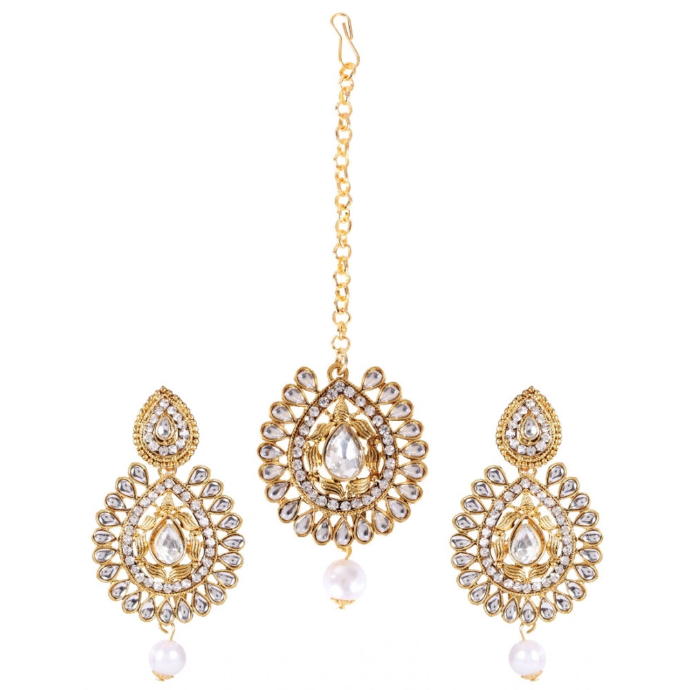 Women's Rose Gold Plated Alloy Kundan Earrings &amp; Mangtikka (White)