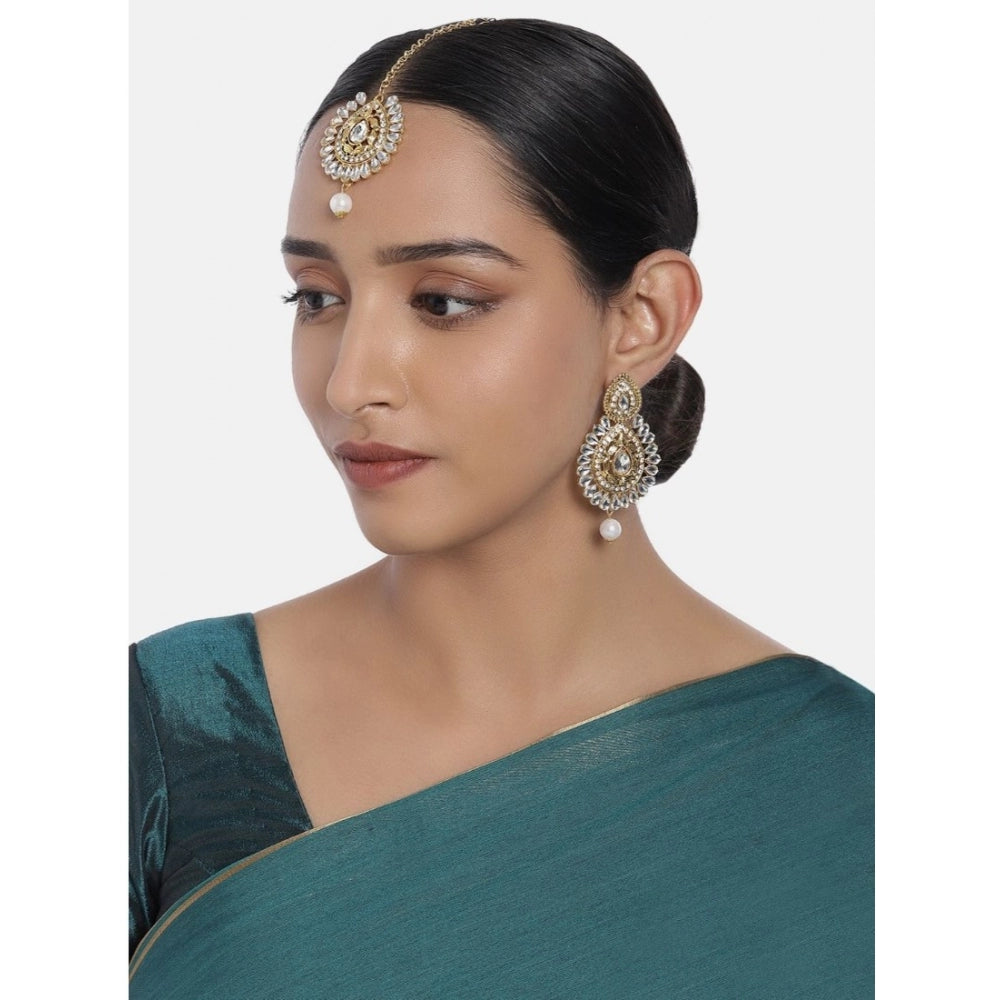 Women's Rose Gold Plated Alloy Kundan Earrings &amp; Mangtikka (White)