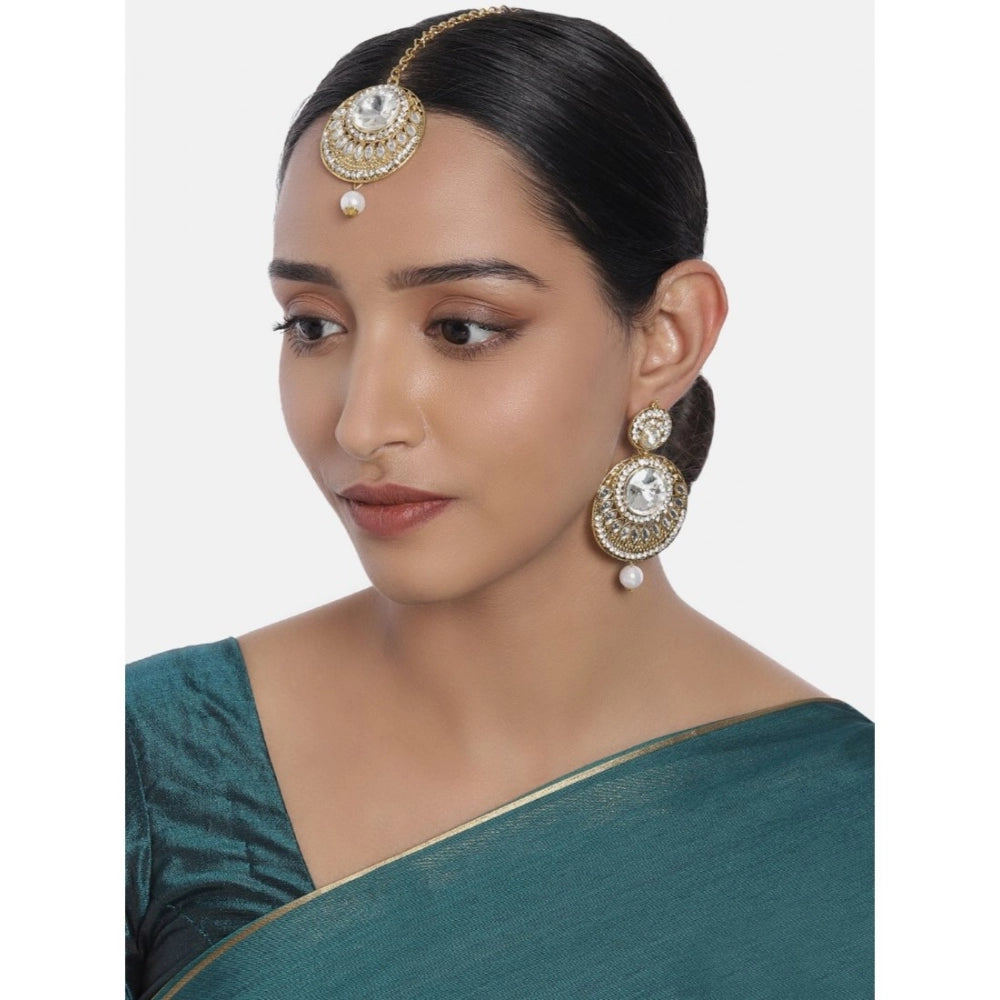 Women's Rose Gold Plated Alloy Kundan Earrings &amp; Mangtikka (White)