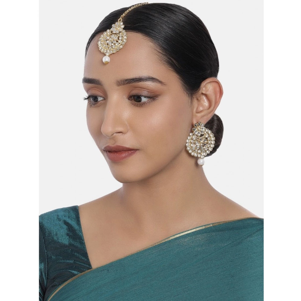 Women's Rose Gold Plated Alloy Kundan Earrings &amp; Mangtikka (White)