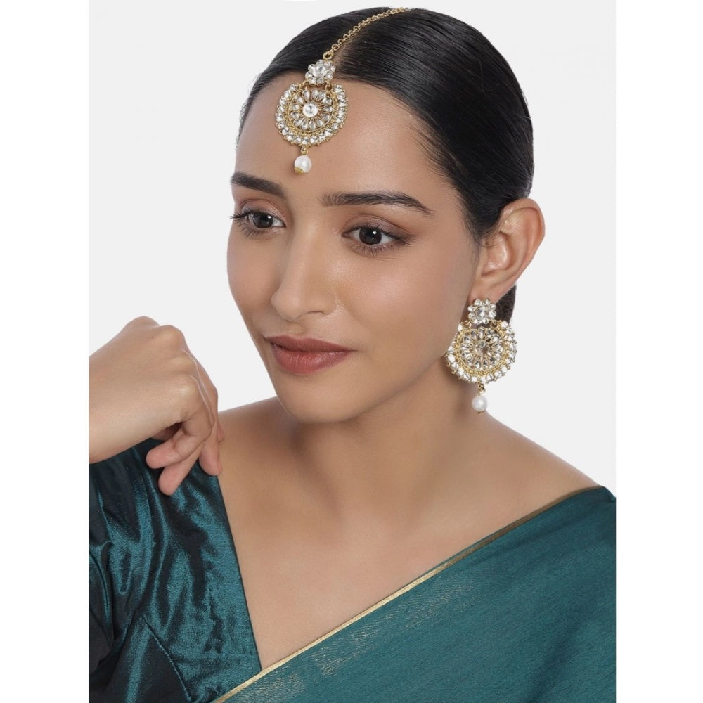 Women's Rose Gold Plated Alloy Kundan Earrings &amp; Mangtikka (White)
