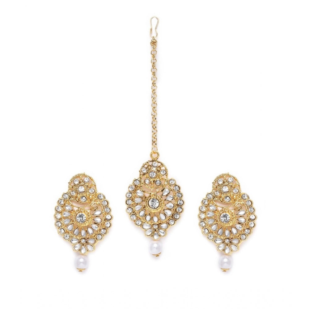 Women's Rose Gold Plated Alloy Kundan Earrings &amp; Mangtikka (White)