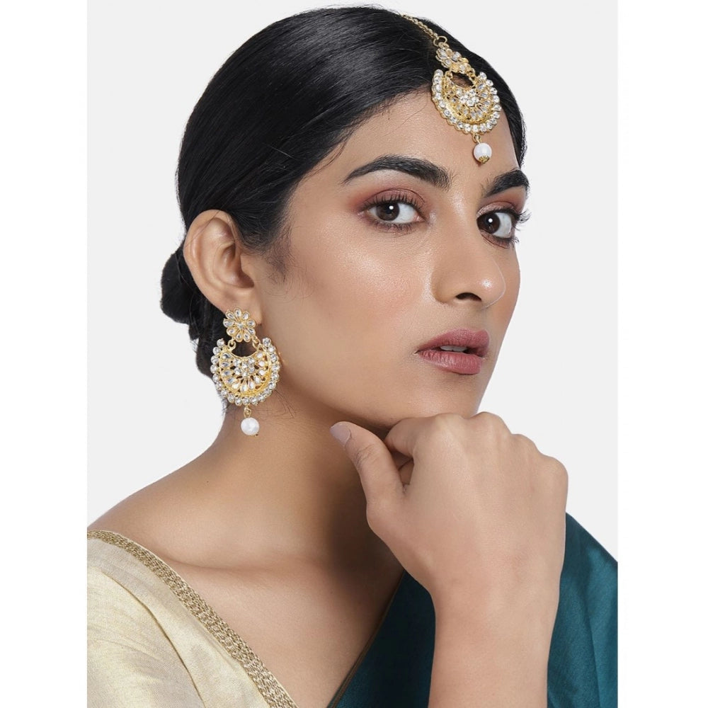 Women's Rose Gold Plated Alloy Kundan Earrings &amp; Mangtikka (White)