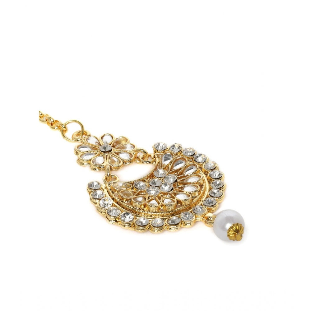 Women's Rose Gold Plated Alloy Kundan Earrings &amp; Mangtikka (White)