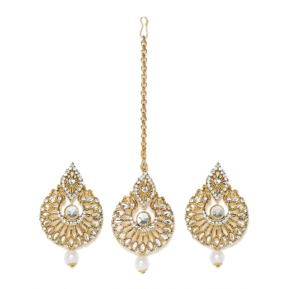 Women's Rose Gold Plated Alloy Kundan Earrings &amp; Mangtikka (White)