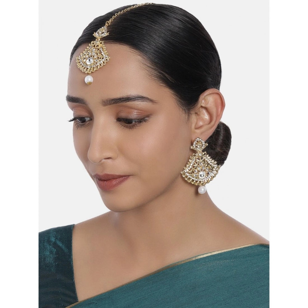 Women's Rose Gold Plated Alloy Kundan Earrings &amp; Mangtikka (White)