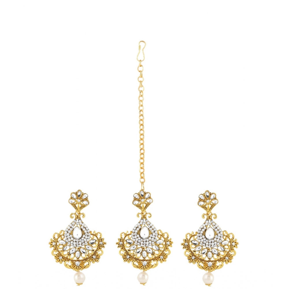 Women's Rose Gold Plated Alloy Kundan Earrings &amp; Mangtikka (White)