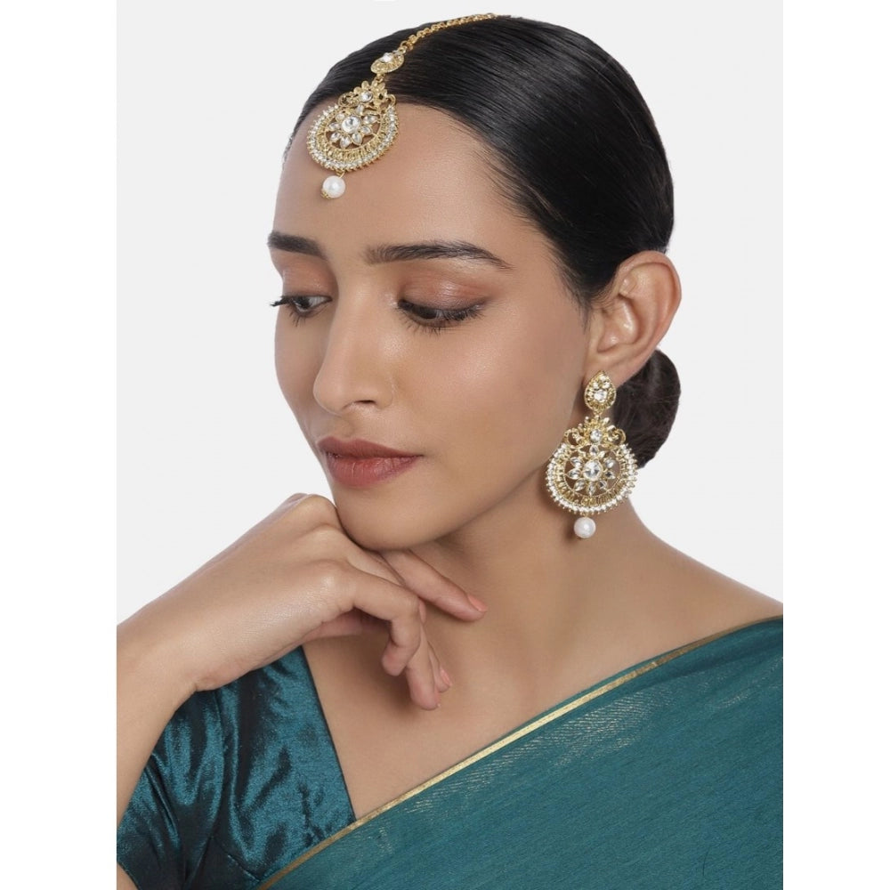 Women's Rose Gold Plated Alloy Kundan Earrings &amp; Mangtikka (White)