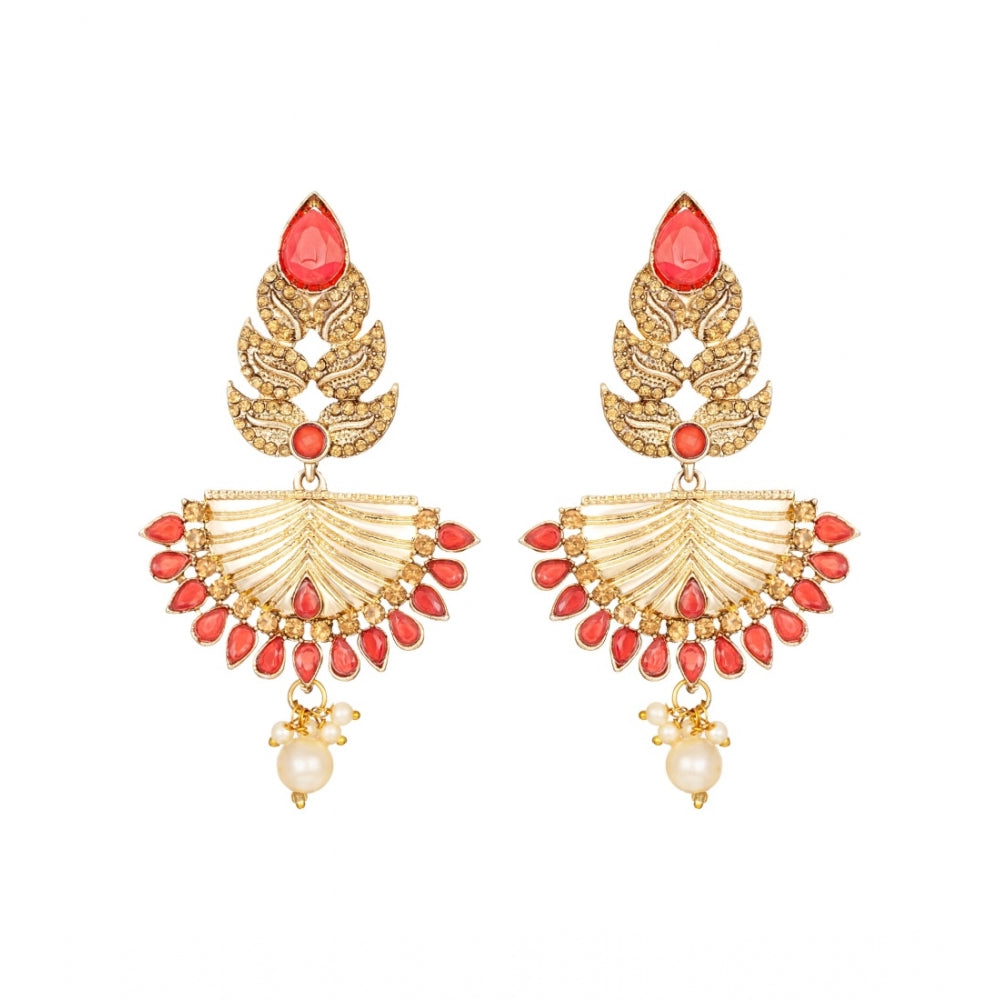 Women's Rose Gold Plated Alloy Kundan Earrings &amp; Mangtikka (Gold &amp; Red)