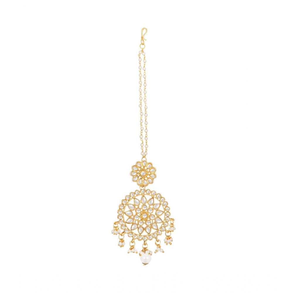 Women's Rose Gold Plated Alloy Kundan Earrings &amp; Mangtikka (White)