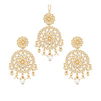 Women's Rose Gold Plated Alloy Kundan Earrings &amp; Mangtikka (White)