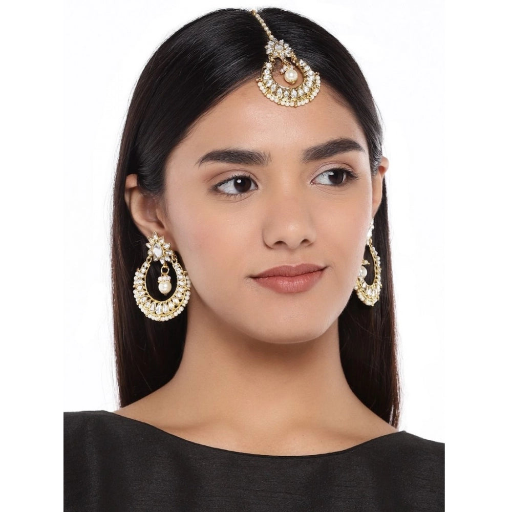 Women's Rose Gold Plated Alloy Kundan Earrings &amp; Mangtikka (White)