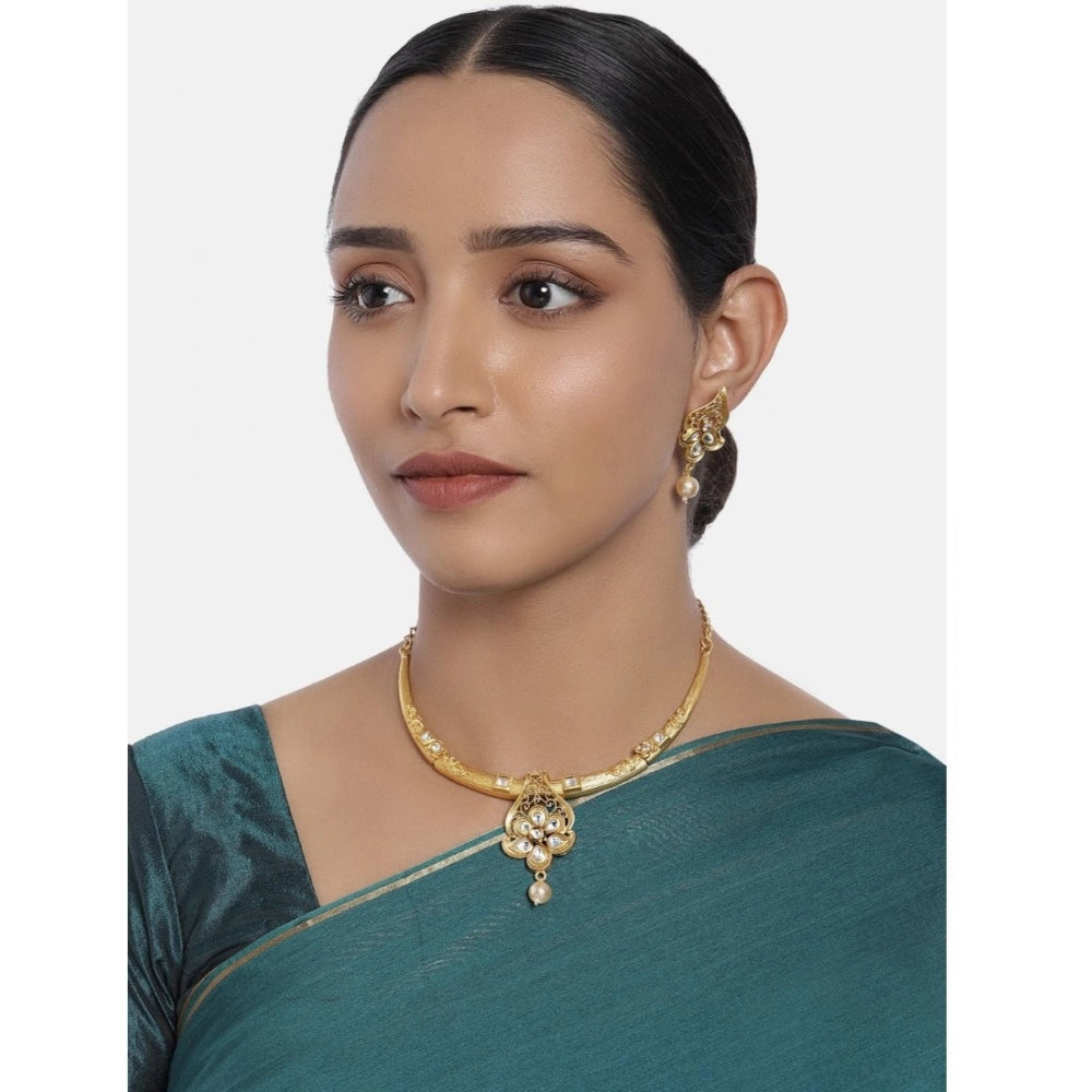 Women's Rose Gold Plated Alloy Necklace &amp; Earings Set (Gold &amp; White)