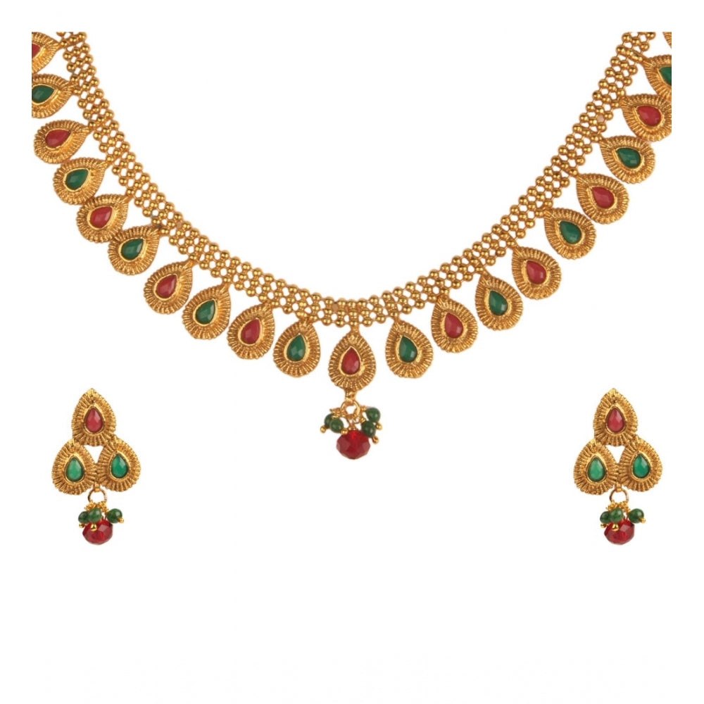Women's Rose Gold Plated Alloy Choker Necklace Set (Green &amp; Red)