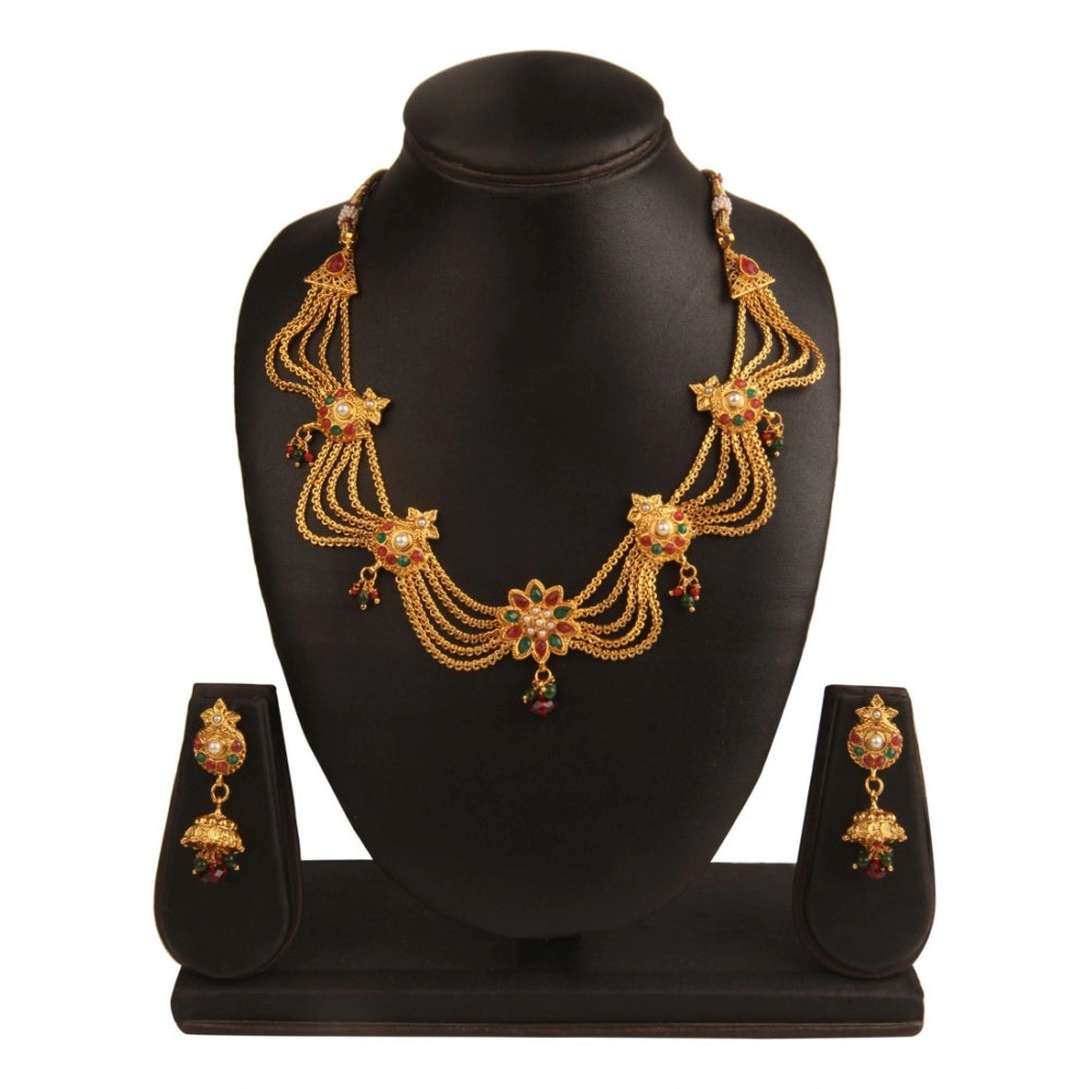Women's Rose Gold Plated Alloy Necklace Set (Green &amp; Red)