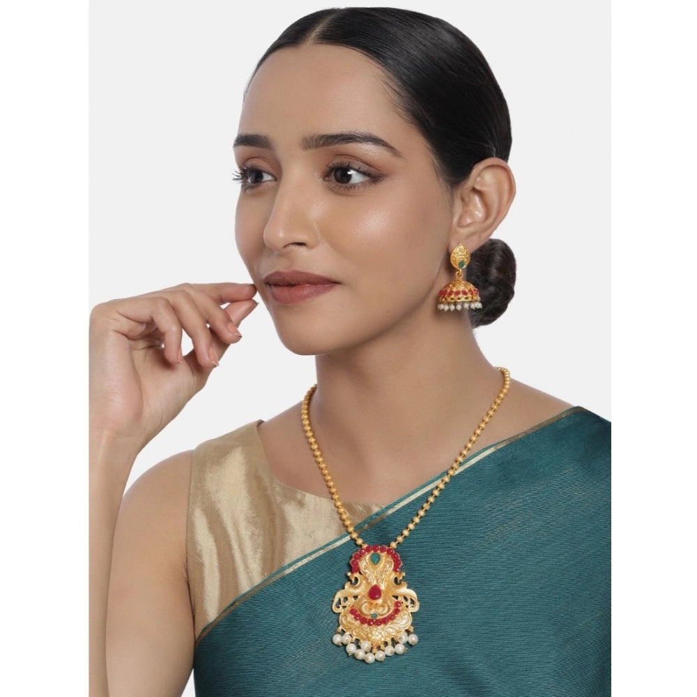Women's Rose Gold Plated Alloy Jewellery Chain Pendant Sets (Gold &amp; Red)