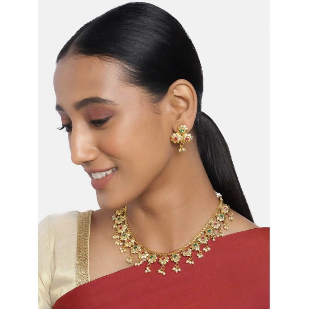Women's Rose Gold Plated Alloy Necklace &amp; Earings Set (Green &amp; Red)